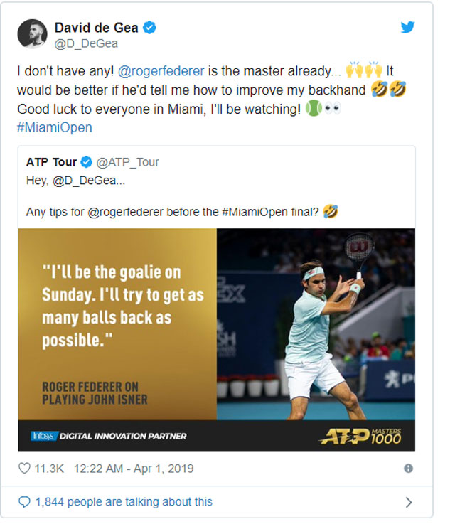 데 헤아가 ATP 공식 홈페이지의 트윗을 보고 올린 트위터 내용