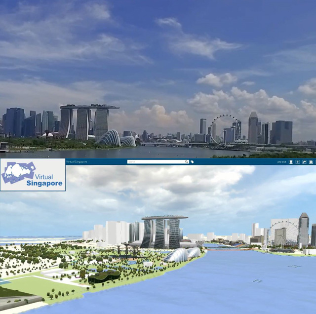 싱가포르 도시 전체를 3D 모형으로 가상 공간에 그대로 옮겨 놓은 버추얼 싱가포르(Virtual Singapore) 플랫폼.（위는 사진, 아래는 버추얼 싱가포르）