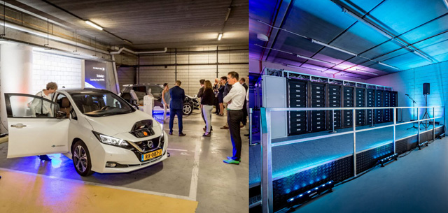 암스테르담 혁신 경기장의 전기차 충전소(좌)와 재생배터리를 활용한 에너지 스토리지(우)