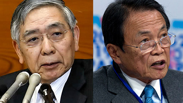 (좌)구로다 하루히코 일본은행 총재 (우) 아소 다로 재무상