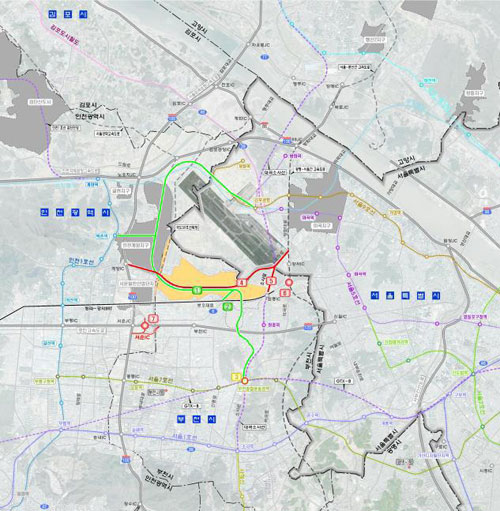 지도로 본 부천 대장 지구 모습. 부천 도심의 북쪽에 자리 잡고 있으며 부지 위로 김포국제공항이 보인다.