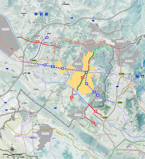 국토교통부가 공개한 고양 창릉 지구 모습. 서울 은평구를 인접하고 있고 있음을 알 수 있다. 노란색으로 표시된 지도를 보면 창릉 지구 한가운데를 GTX-A 노선이 관통하고 있다.
