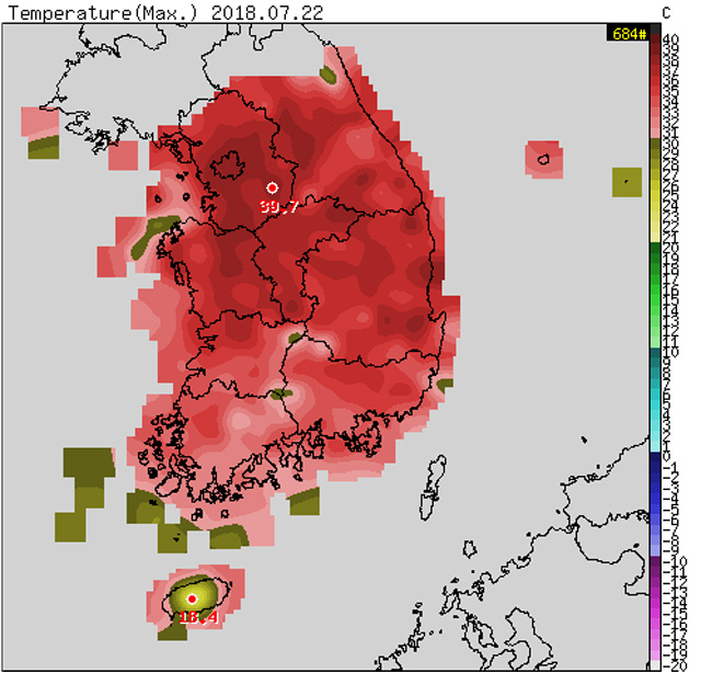 2018년 7월 22일 최고기온 - 짙은 붉은색으로 보이는 중부 내륙 대부분 지역에서 35도를 웃도는 극심한 폭염이 나타났다.