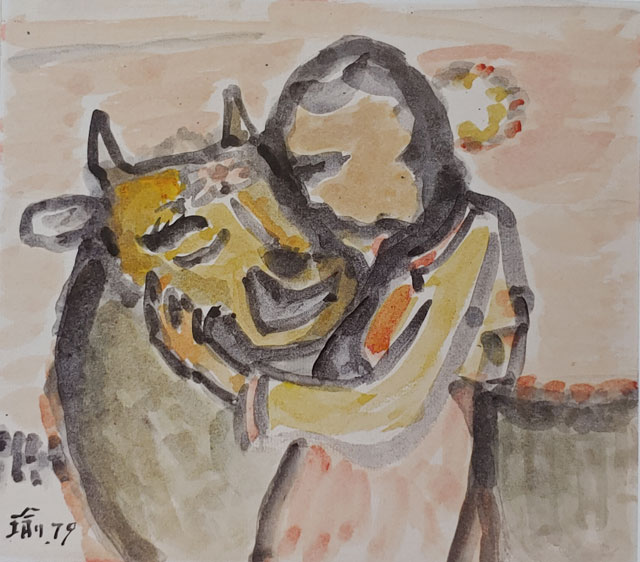 황유엽 ‘소와 여인’, 1979, 종이에 수채, 24.3×27.3cm, 개인 소장