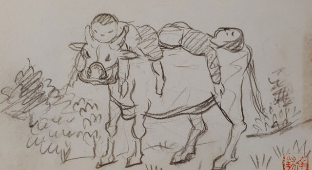 양달석 ‘소 등에 탄 아이들’, 연도미상, 종이에 연필, 10×17.7cm, 개인 소장