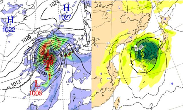 (좌) 기상청 예측 모델(22일 밤), (우) 유럽중기예보센터 예측 모델(23일 오전)