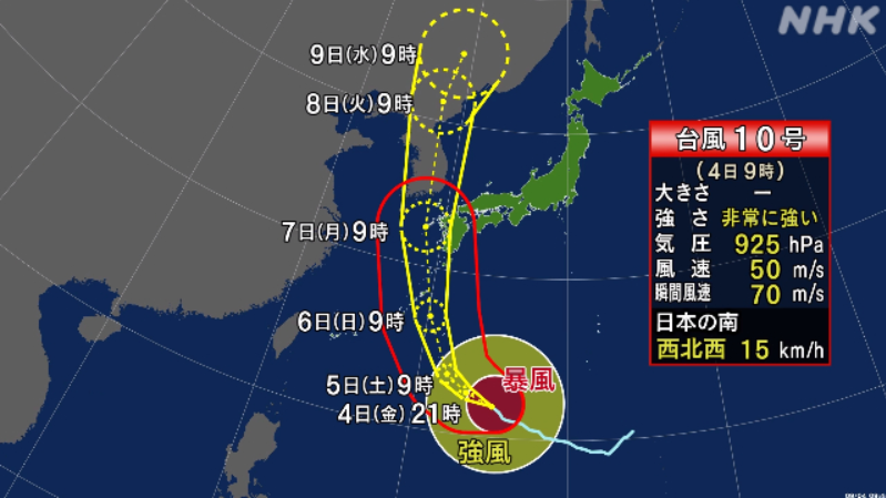 제10호 태풍 '하이선' 이동 경로(일본 기상청 예보)