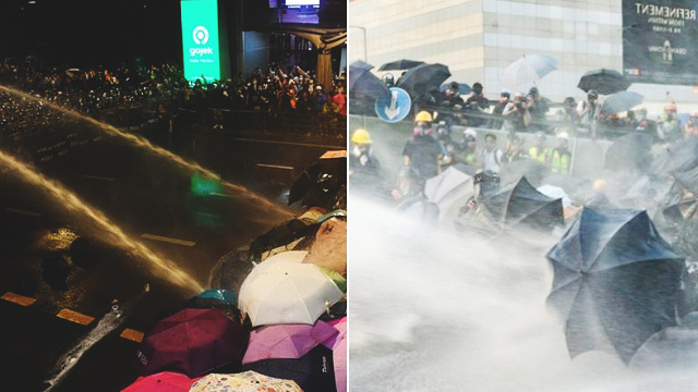 경찰의 물대포를 우산으로 막는 태국 시위대(좌)와 홍콩 시위대(우)