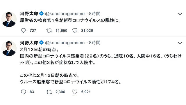 검역관 감염 사실을 처음 알린 트위터. 글을 올린 사람은 일본 후생노동상이 아닌 고노 다로 방위상(국방부 장관)이다. [사진 출처 : 고노 다로 방위상 트위터]