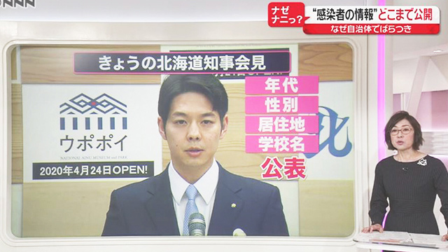 코로나19 확진자에 대한 정보 공개 범위 논란을 다루는 TV 프로그램. (일본TV 화면 갈무리)