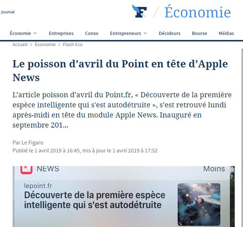 르 푸앙의 ‘우주 생명체’ 만우절 기사, 애플 뉴스 상위에 랭크되기도 했다.