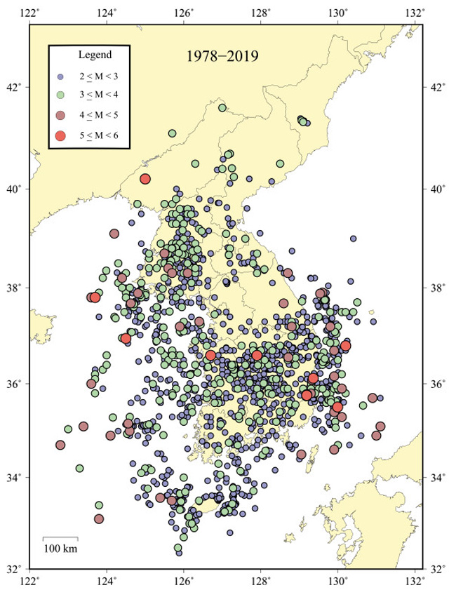 1978~2019년 한반도에서 발생한 규모별 진앙. 전남 해남 부근은 중부 내륙 지역과 함께 국내에서 지진이 가장 드문 지역이다.