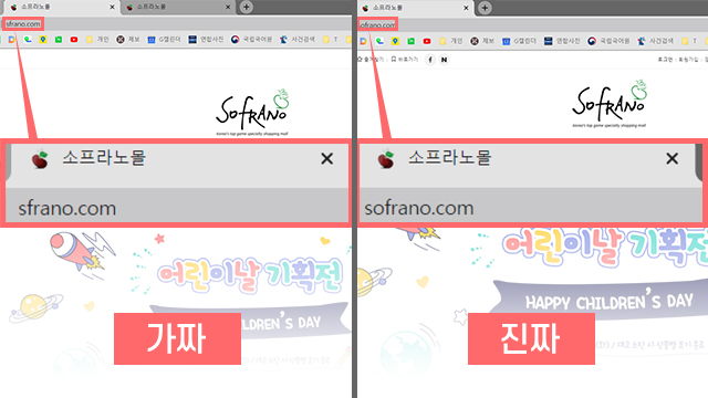 가짜 사이트(왼쪽)와 진짜 사이트. 자세히 보면 주소의 영문 철자 하나가 다르다.