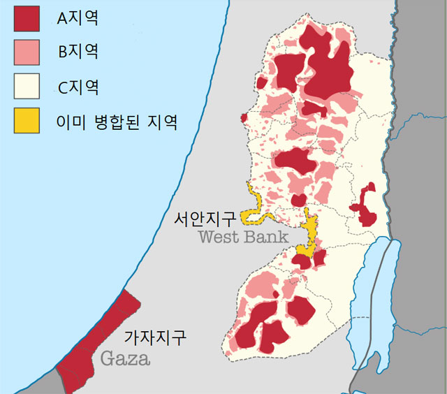 서안 지구 지도. 이스라엘 정착촌은 대부분 C 지역에 있다