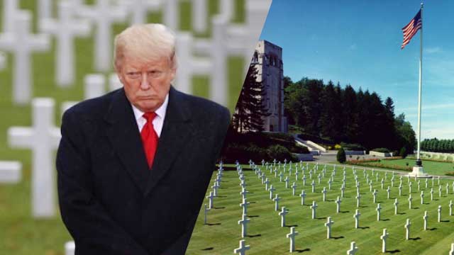 트럼프 미국 대통령이 2018년 11월 프랑스 방문 당시 파리 외곽에 있는 쉐렌 미군묘지를 찾아 참배하는 모습(왼쪽). 트럼프 대통령은 당초 벨로의 엔마른 묘지를 참배하려했다가 취소한 뒤 비난여론이 일자 이튿날 장소를 바꿔 이 곳을 방문했다. 우측은 당초 트럼프 대통령의 방문일정이 잡혀있던 엔마른 미군 묘지. 1차 대전 당시 치열했던 벨로(Belleau) 숲 전투에서 전사한 미 해병대 1800명의 유해가 안장돼 있다. (오른쪽 사진)