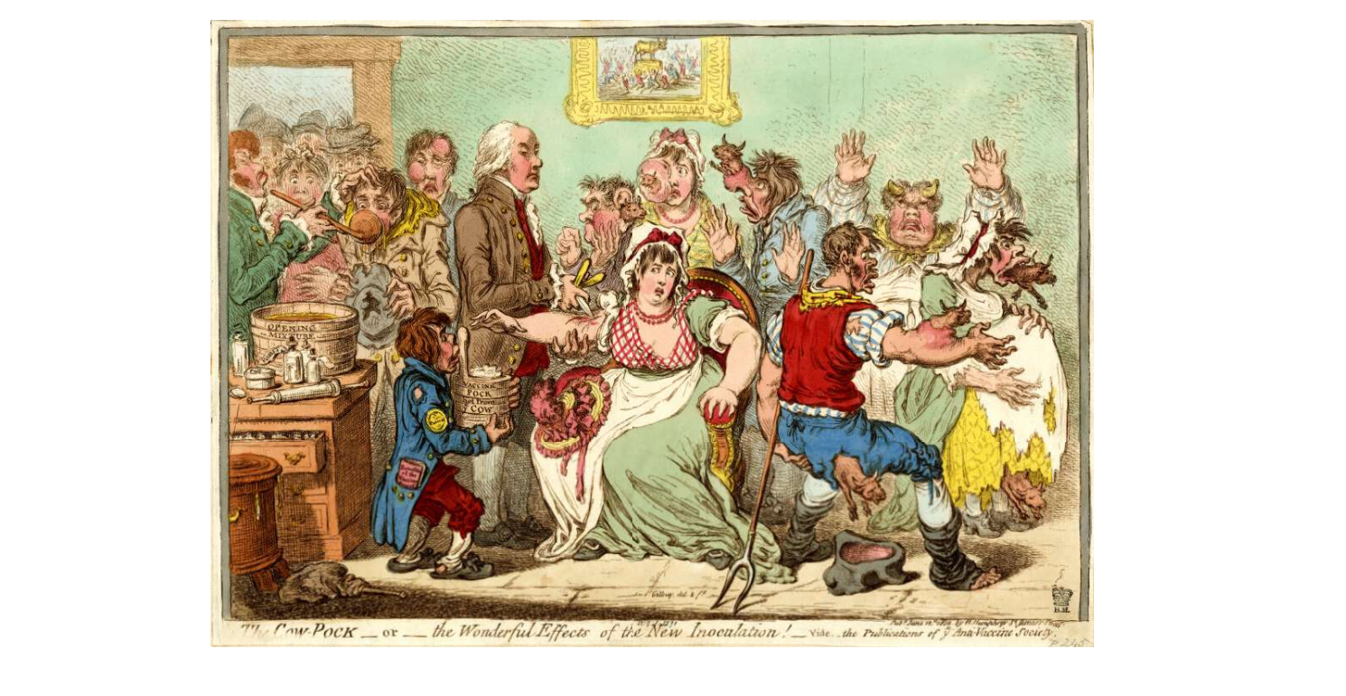 제임스 길레이 作, '우두(cow-pork)'. 우두 백신을 맞으면 소가 된다며 반대했던 당시 상황을 풍자한 그림. 출처:britishmuseum.org