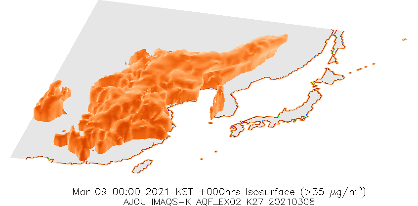 지난 9~11일 동북아시아의 초미세먼지 예측 모델 결과(자료 : 아주대 환경안전공학과 대기환경연구실)