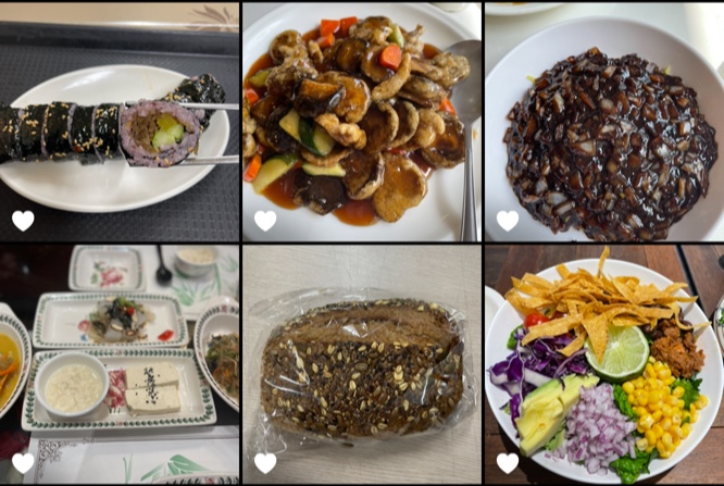 기자가 직접 먹었던 채식 식단들. 왼쪽 위부터 채식 김밥, 표고버섯 탕수, 채식 자장면, 두부 정식, 곡물 빵 ,라임 샐러드.