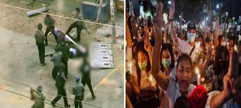   좌: 군경이 민간인 총살 후 여성 폭행 모습 / 우: 미얀마 시민들 군부 규탄 촛불 시위