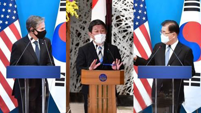  정의용 외교부 장관(우측)과 블링컨 미 국무부 장관(좌측), 모테기 일본 외무상(중앙).  