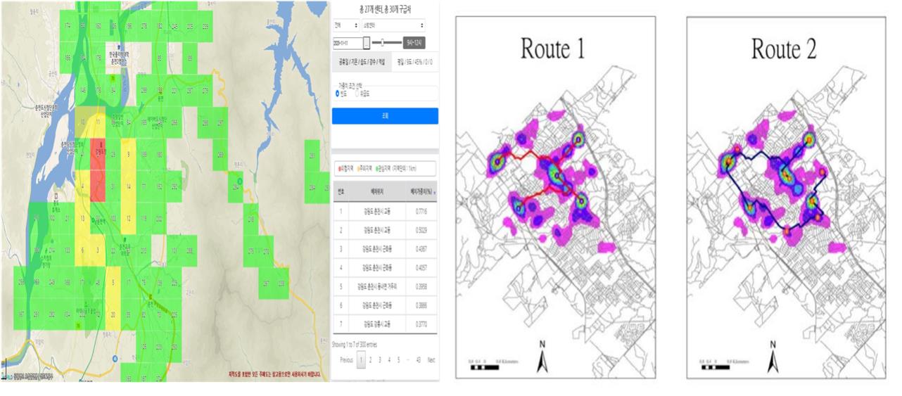 구급수요 예측정보 예시(좌), 예측지역 패트롤 경로 추천 예시(우). @강원도소방본부
