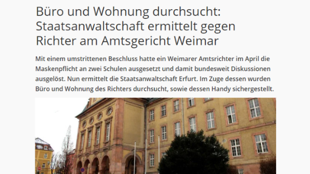 독일 튀링엔주 검찰이 학교에서 마스크 금지 판결을 내린 지방법원 판사의 집과 사무실을 압수수색했다. 사진은 관련 내용을 보도한 공영방송 MDR 웹페이지.