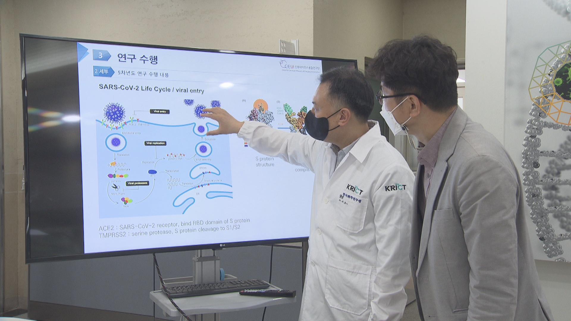 한국화학연구원 신종바이러스융합연구단 연구진이 코로나19 백신 후보물질의 작용 방식을 설명하고 있다.