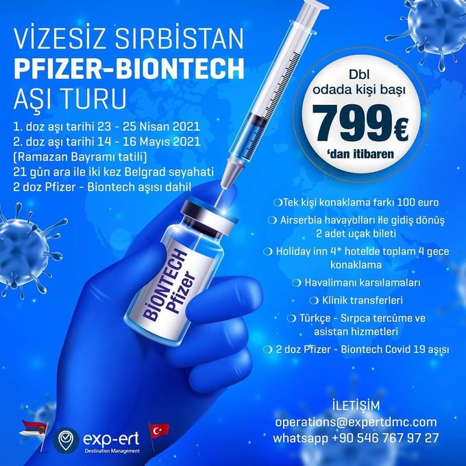 터키 여행사의 러시아 백신 관광상품,  1인당 799유로로 100만 원이 조금 넘는다.