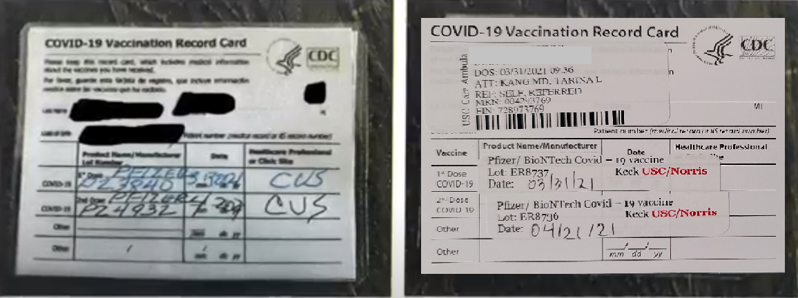 좌) 압수된 가짜 백신 접종 카드 (사진-美 주류통제국)                                 우)  실제 백신 접종 카드 (사진-KBS)