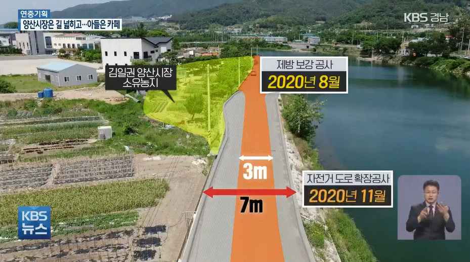 양산시는 자전거 도로를 만들겠다며 김일권 시장 땅 바로 앞 제방 폭을 3m에서 7m로 넓혔다.