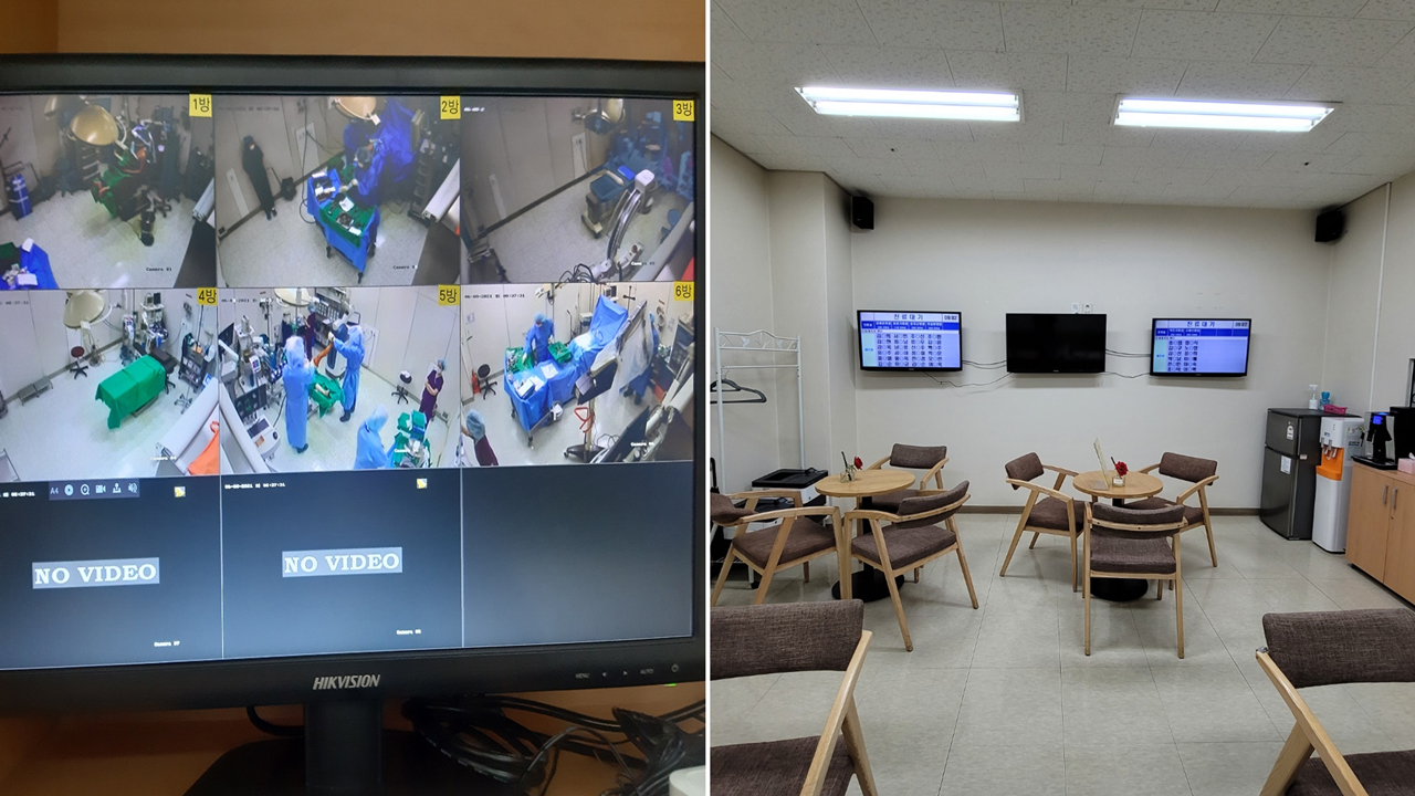（좌） 수술실 내부 CCTV 설치 모습      （우） 실시간 수술 모습 시청하는 보호자 대기실  [화면제공: 부평 힘찬병원]