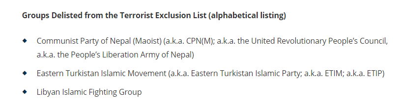 미국 국무부는 지난해 11월 홈페이지를 통해 ‘동투르키스탄 이슬람운동(Eastern Turkistan Islamic Movement, 동투르키스탄 이슬람당이고도 부름)’을 테러리스트 명단에서 삭제한다고 밝혔다.
