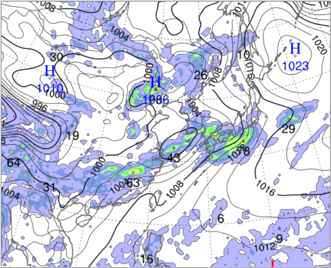 한국형 수치예보모델(KIM)이 27일밤 예측한 7월 2일 기압계 상황. 장마전선에 동반된 비구름(색칠된 부분)이 제주 부근까지 북상한 모습이다.