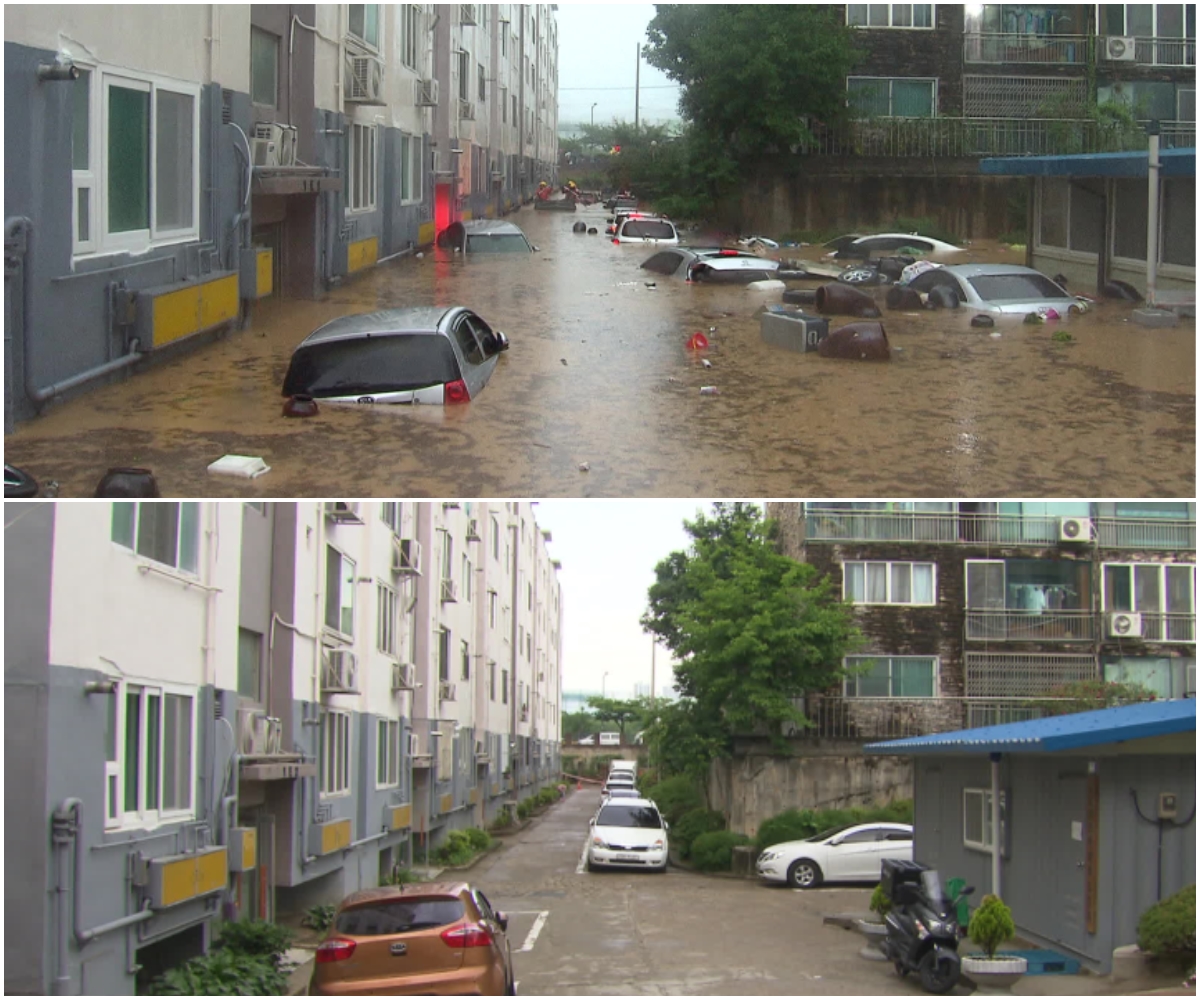 지난해 여름 수해를 입은 대전 코스모스 아파트(위)와 현재 모습(아래)