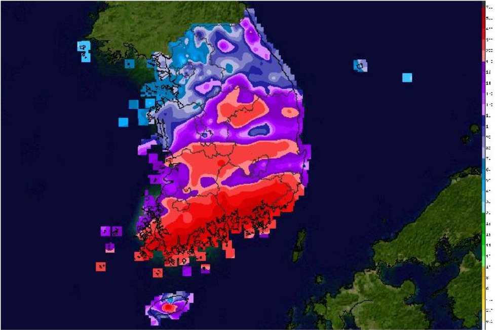 장맛비가 내린 지난 3일부터 8일까지의 누적 강수량(mm)