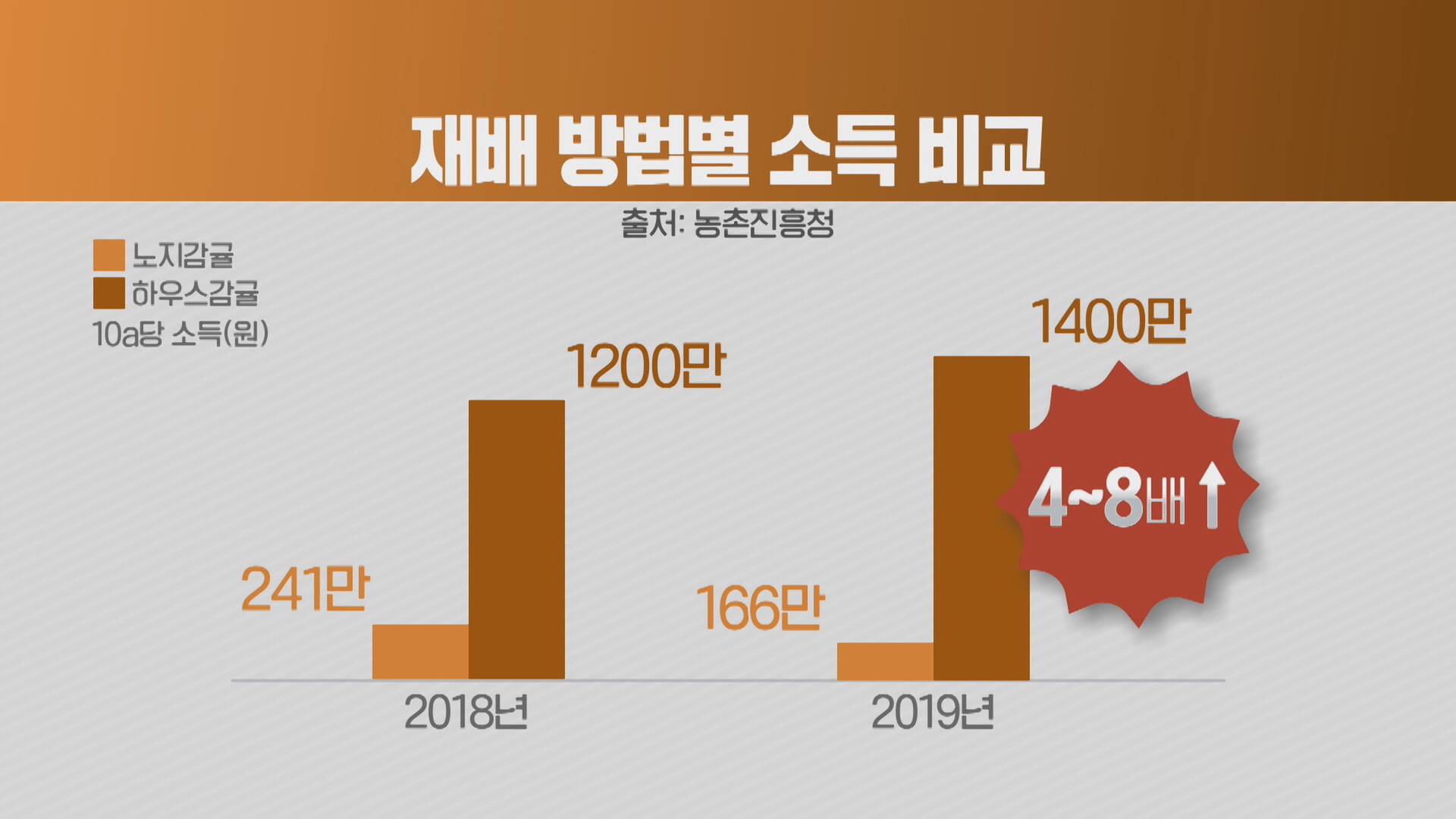 [그래픽] 제주지역 감귤 재배 방법별 소득 추이. 노지 감귤의 소득은 1년 새 줄어든 반면, 하우스 감귤은 더 늘었고, 노지 감귤과 소득 차이가 크게는 8배 가까이 난다. 제작: 서경환