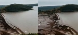 네이멍구 후룬베이얼의 한 저수지 댐이 무너지는 모습 (출처: 하오칸)