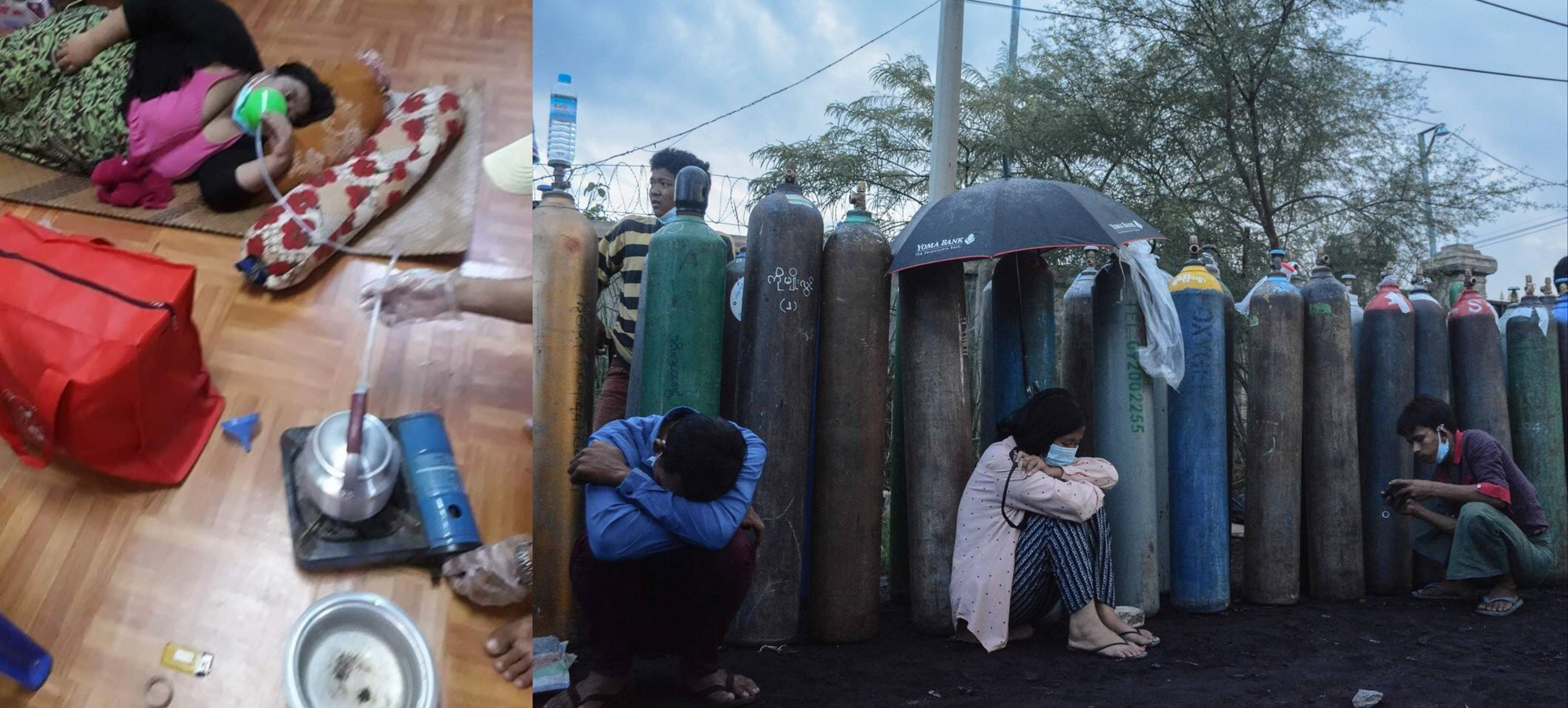 코로나가 창궐하고 있는 미얀마는 산소통을 구하기 위한 전쟁이 벌어지고 있다. 한 환자가 물을 끓여 산소를 공급받고 있다. [사진 : 트위터 미얀마 나우]