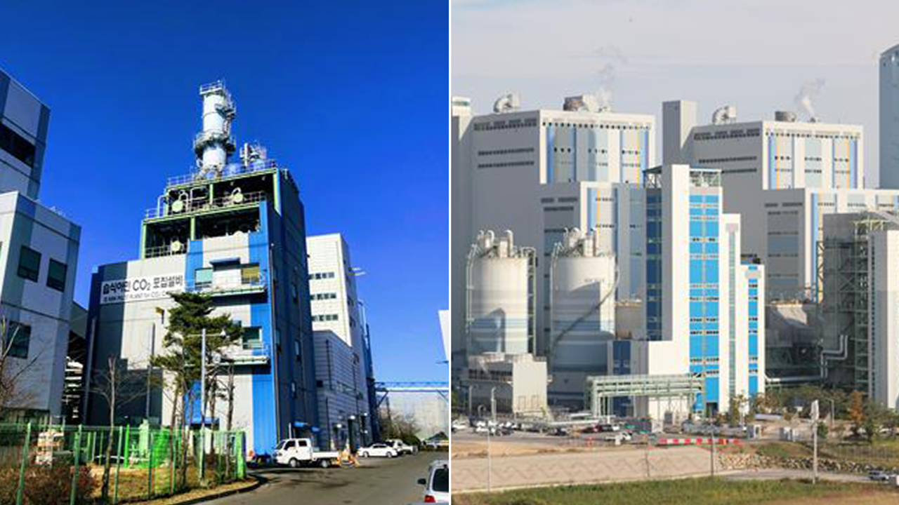 보령 화력 CO2 포집플랜트(왼쪽), 하동 화력 CO2 포집플랜트 (오른쪽). 한국전력 전력연구원  제공