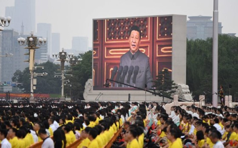 지난 7월 1일 중국 공산당 창당 100주년 기념식에서 시진핑 주석이 연설하고 있다. (연합=AP)