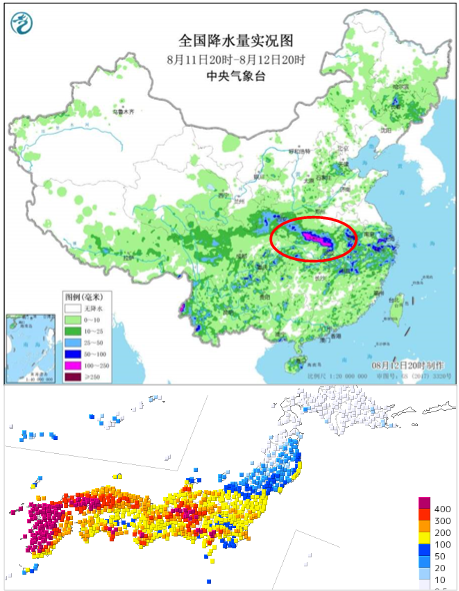 지난 11~12일 중국 내 누적 강수량(위)과 11~17일 일본 내 누적 강수량(아래)