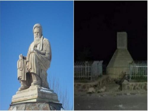 탈레반이 파괴한 하자라족 지도자 압둘 알리 마자리 석상. (좌) 파괴 전-(우) 파괴 후 모습.