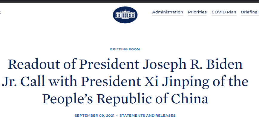 미국 백악관은 현지 시간 9월 9일 바이든 대통령과 시진핑 주석의 통화사실을 짧은 보도문으로 정리해 밝혔다. (사진=미 백악관 홈페이지)