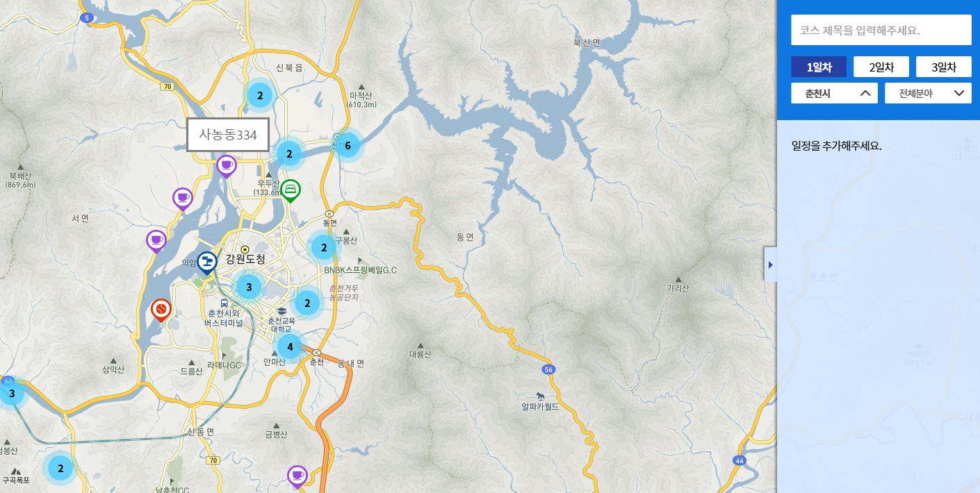 여행초보자도 직접 검색을 통해 지도에서 나만의 여행 코스를 직접 짤 수 있다. @ 댕댕여지도 홈페이지 화면.
