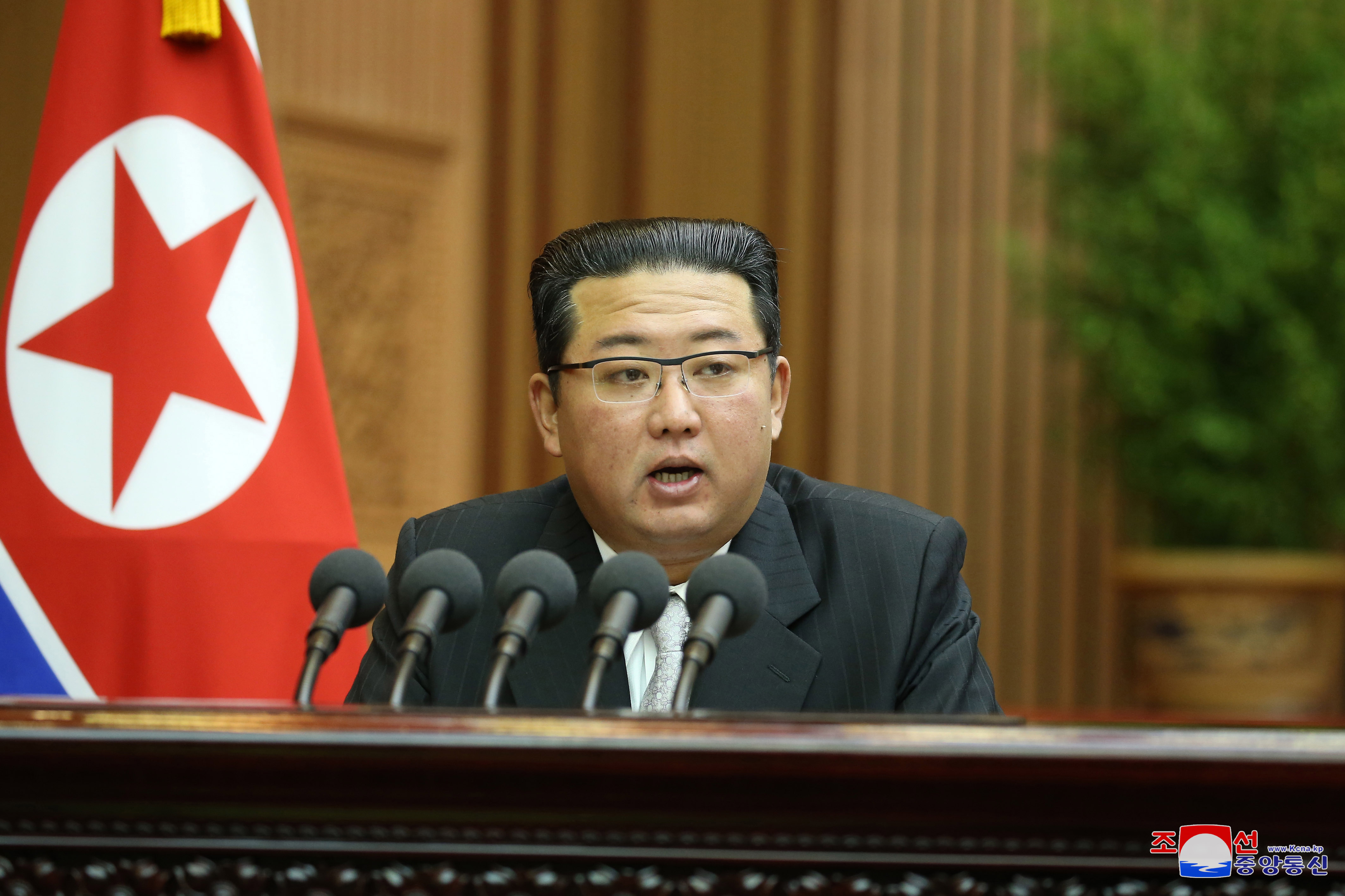 김정은 북한 국무위원장이 지난달 29일 평양 만수대의사당에서 열린 최고인민회의 제14기 제5차 회의 이틀째 회의에서 시정연설을 했다. (출처: 북한 조선중앙통신)