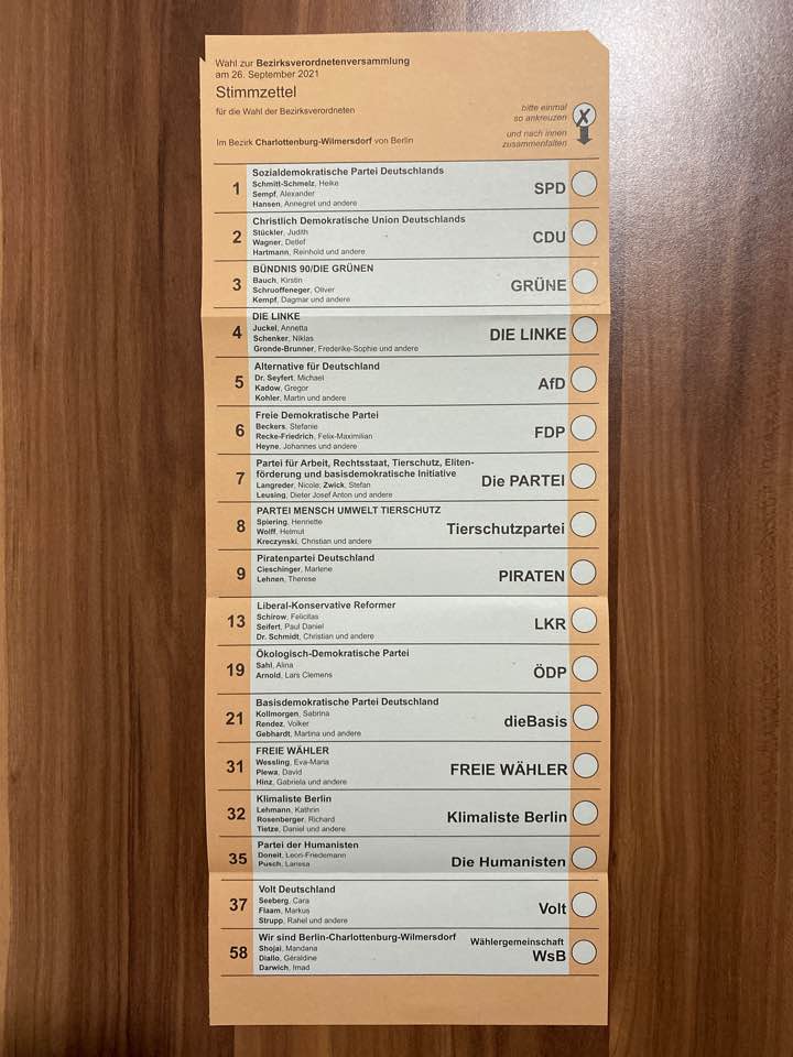 베를린 구의회 의원 선출을 위한 투표용지. 투표용지 위에 지역이 표시돼 있는데도 잘못 배송돼 무효표 사태가 일어났다.