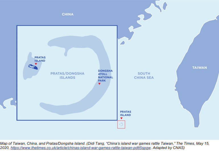 미국의 싱크탱크인 신미국안보센터 (CNAS)는 26일 중국이 타이완이 실효 지배 중인 플라타스 군도(둥사 군도)에 대한 침공을 단행할 경우를 상정한 워게임(War Game) 보고서를 발표했다.  CNAS는 중국이 플라타스 군도를 전격적으로 장악한 뒤 미국이 타이완을 방어할 의지가 있는지 시험할 가능성이 있다고 분석했다.
