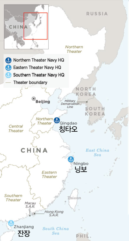 중국 북부 군구의 해군사령부는 칭다오에,  동부 군구의 해군사령부는 닝보에, 남부 군구의  해군사령부는 잔장에 위치해 있다.