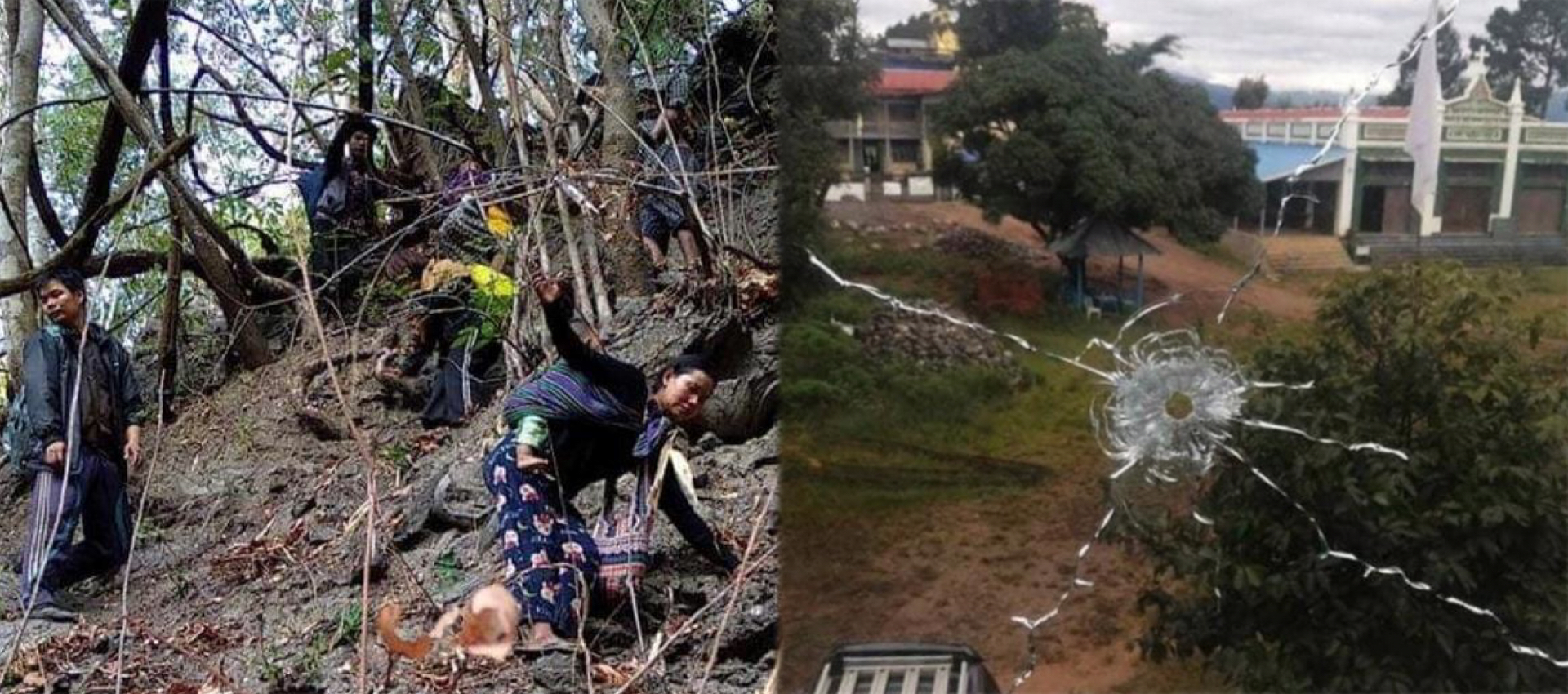친주 민닷이 미얀마군에 넘어가자 주민들이 필사적으로 달아나고 있다. 아이를 업고 위태로운 피난길에 오른 한 친족  여성(왼쪽), 총탄이 뚫고 지나간 민닷의 한 교회 유리창. 사진 모두 주민 페이스북 을 현지 언론이 인용