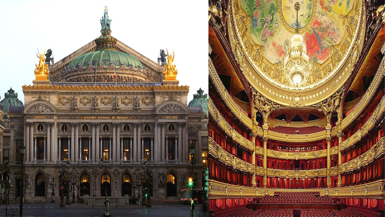 오페라 가르니에 외경과 샤갈의 천장화가 장식된 공연장 내부